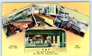 WORCESTER, Massachusetts MA ~ Roadside T & T SEA GRILL Restaurant 1950s Postcard