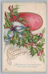 Christmas~Art Nouveau~Bow In Holly Berry~Gold~Emboss~Nash C37~1912 Postcard