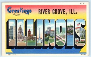 Large Letter Linen RIVER GROVE, Illinois IL~ Cook County 1930s Curteich Postcard