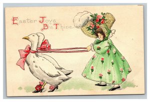 Vintage 1910's Easter Postcard Cute Girl Nice Green Dress Geese High Heels