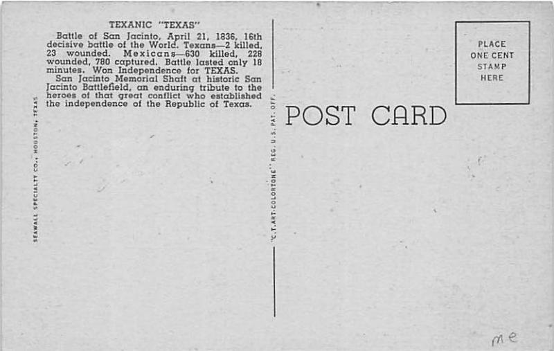 Texanic TX 1836 San Jacinto 1938 Mighty Empire Within A State Linen Postcard