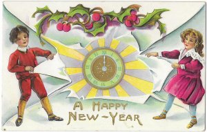 A Happy New Year Boy & Girl & Clock Embossed  Touches of Gold