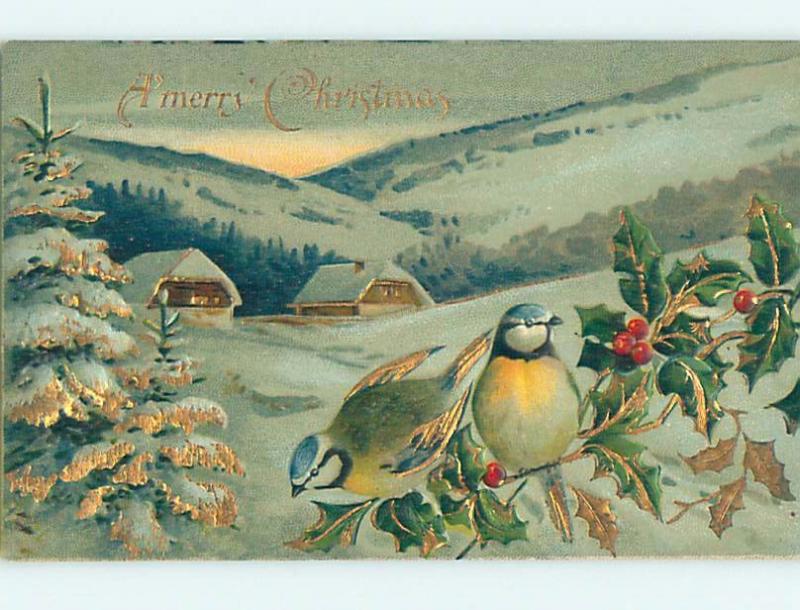 Pre-Linen christmas CUTE BLUE AND YELLOW BIRDS ON HOLLY BRANCH HL0381