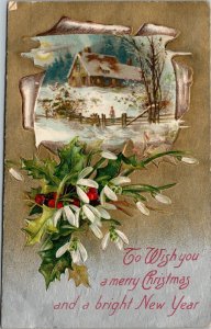 Vtg Wish You A Merry Christmas Winter Cabin Scene Embossed 1907 DB Postcard