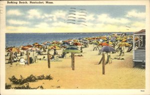 Nantucket MA Massachusetts Bathing Beach Umbrellas c1930-50s Vintage Postcard
