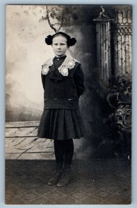 c1910's Girl Lace Style Uniform Studio Amboy Minnesota MNRPPC Photo Postcard