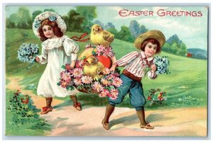 1909 Easter Greetings Children Flowers Basket Chicks Embossed Antique Postcard