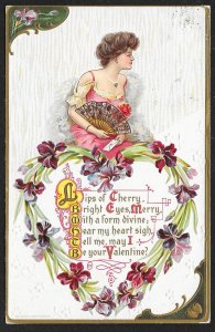 Be Your Valentine Pretty Lady Sitting On Flower Heart Used c1914