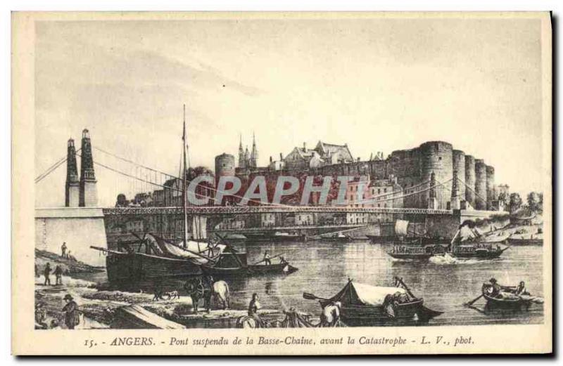 Old Postcard Lower Chain Suspension Bridge before the disaster Angers Boat