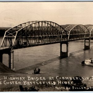 1925 Chamberlain, SD RPPC State Highway New Bridge MO River Ship Stamp A167