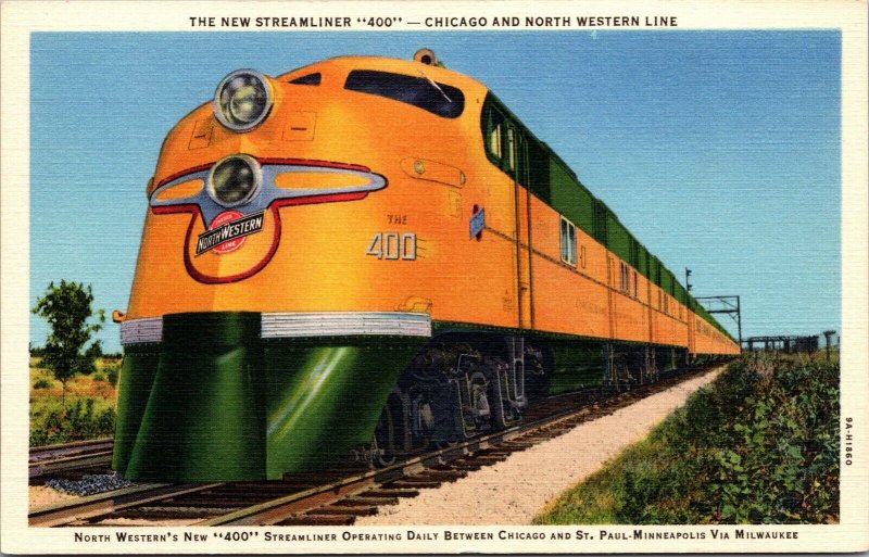 Linen Postcard Chicago North Western Line Streamliner 400 Railroad