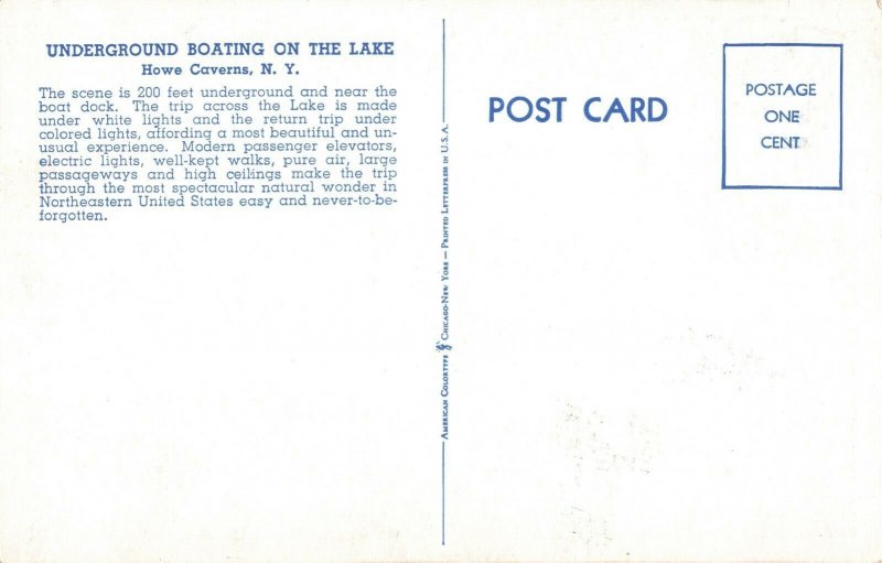 Underground Boating on The Lake Howe Caverns N.Y. Postcard 2R3-277