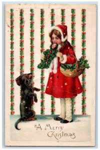 Christmas Girl Santa Costume Dachshund Holly In A Basket Embossed Postcard