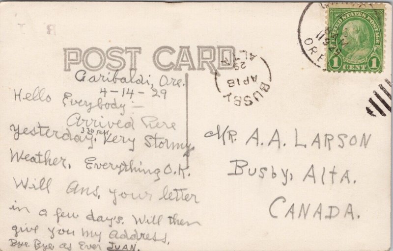 Garibaldi Oregon Pacific Ocean c1929 Busby Alberta Cancel RPPC Postcard H62