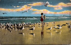 Florida Daytona Beach Young Girl Feeding The Sea Gulls 1957