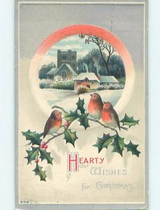 Pre-Linen christmas THREE CUTE BIRD SITTING ON HOLLY BRANCH HL0448