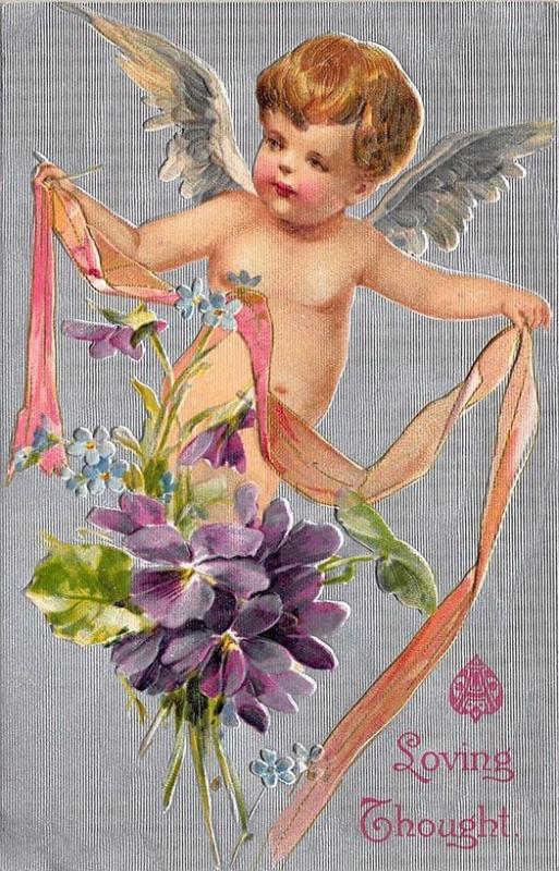 Valentine Loving Thought Cupid With Ribbon Flowers Postcard