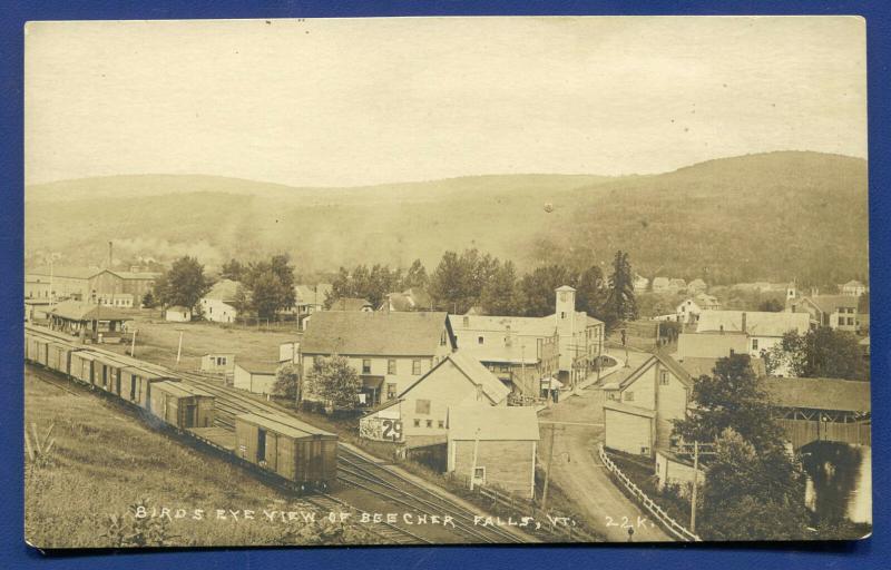 Beecher Falls Vermont vt birds eye view railroad cars train street view postcard