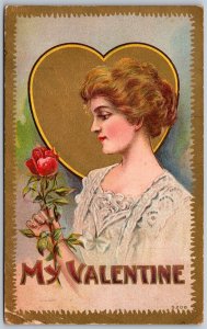 Vtg My Valentine Greetings Victorian Lady Woman Holding Rose Gold Gilt Postcard