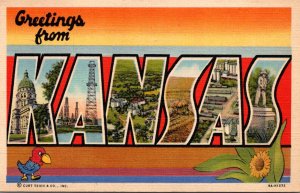 Kansas Greetings From Large Letter Linen 1943 Curteich