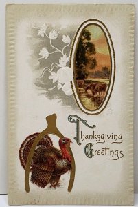 Thanksgiving Greeting Turkey, Wishbone & Country Scene Embossed Postcard A18