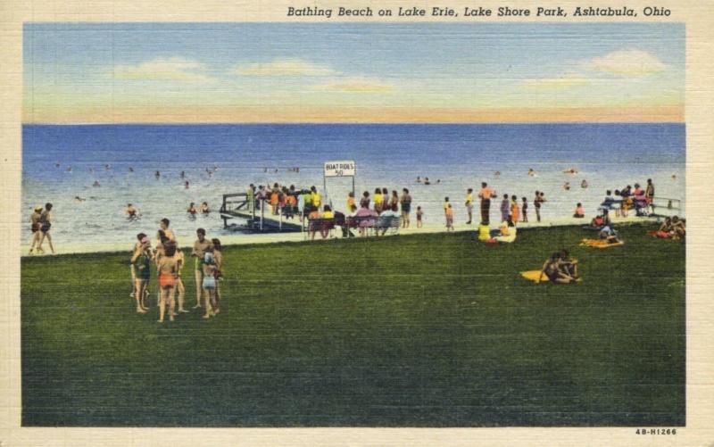 Bathing Beach on Lake Erie, Lake Shore Park ~ Ashtabula OH Ohio ~ Linen Postcard