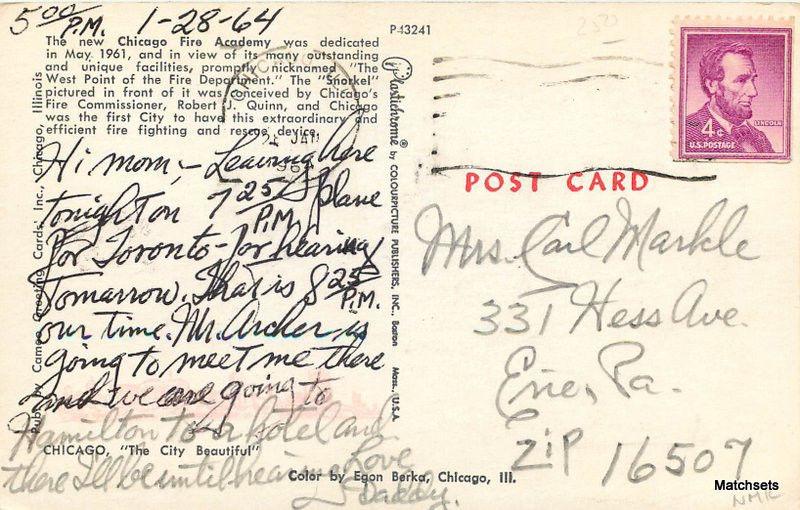 1964 CHICAGO ILLINOIS Fire Academy Plastichrome postcard 8396