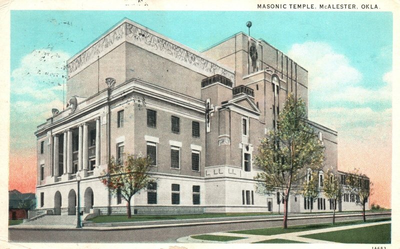 Vintage Postcard 1920's Masonic Temple McAlester Oklahoma OK