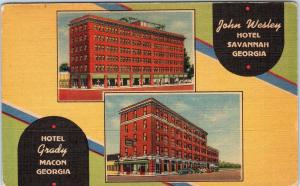 MACON/SAVANNAH, GA Georgia  HOTELS GRADY & JOHN WESLEY  c1940s Linen  Postcard