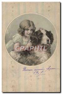 Old Postcard Fantasy Illustrator Child Dog