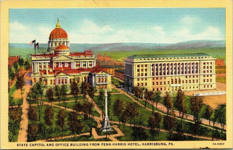 State Capitol Office Building Penn Harris Hotel Harrisburg PA Postcard Linen UNP 