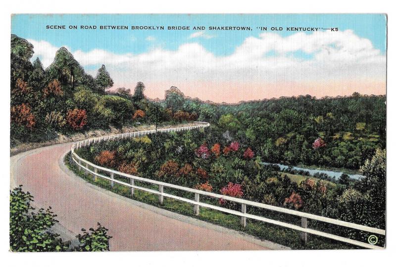 KY Kentucky Road between Shakertown Brooklyn Bridge Vintage EC Kropp Postcard