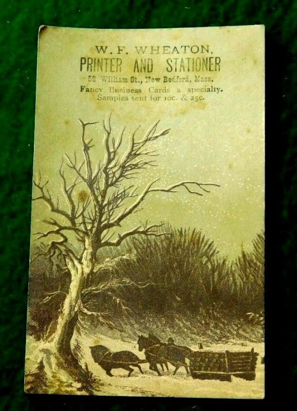 W.F Wheaton printer & Stationer Fancy Business Cards, Winter Horses Logs C2