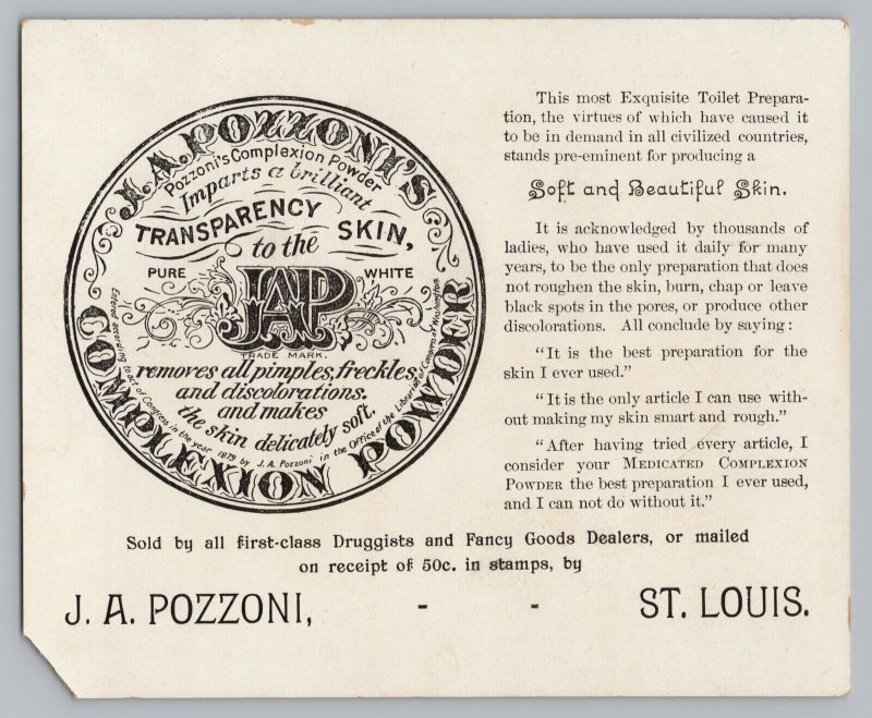 Pozzoni's Complexion Powder Large Victorian Advertising Trade Card, St. Louis T3