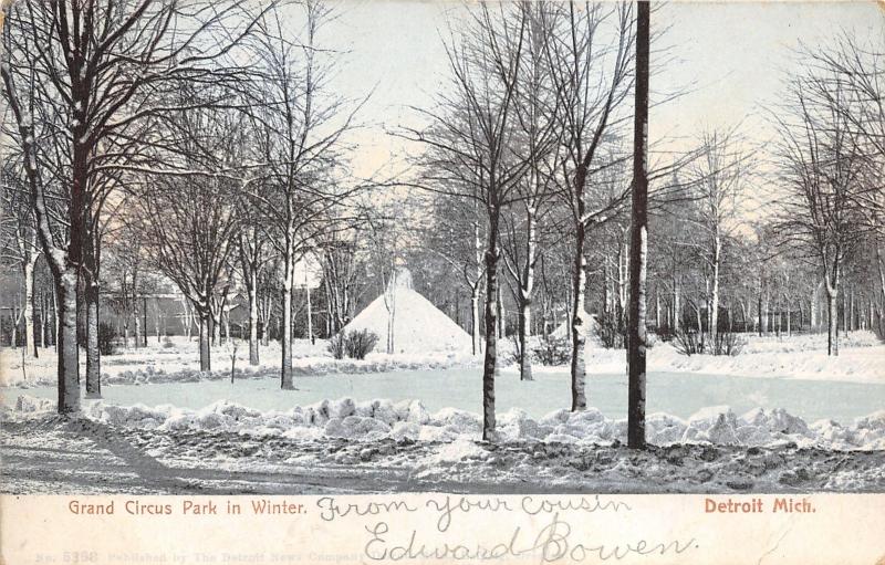 Detroit Michigan~Grand Circus Park in Winter~Snow on Ground/Trees~c1905 Postcard