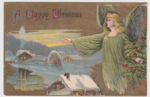 Angel & Houses 1900's Christmas Postcard
