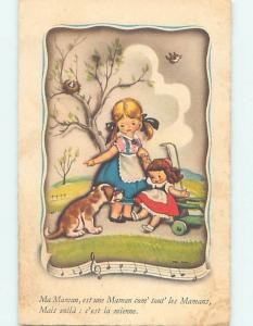 Pre-Linen foreign CUTE FRENCH GIRL WITH HER DOG AND LITTLE SISTER J5350