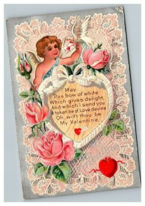 Vintage 1910's Valentine's Day Postcard Cute Cupid White Dove Pink Roses