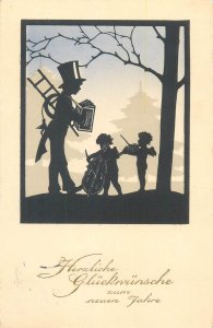 New Year greetings Germany 1935 musical angels & luck chimney sweep silhouette