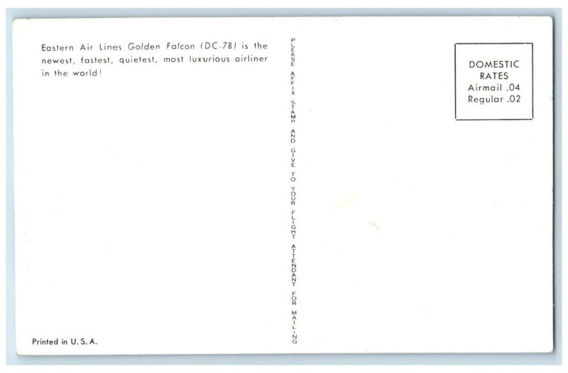 c1960 Eastern Air Lines Golden Falcon DC-7B Vintage Antique Unposted Postcard