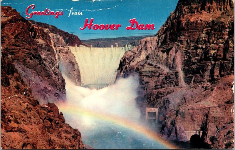 Greetings Hoover Dam Rainbow Boulder City Nevado 1958 Pm Wob Note Postcard 