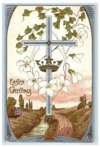 1910 Easter Greetings Cross Crown White Flowers Embossed Posted Antique Postcard 