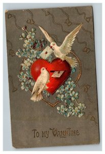 Vintage 1908 Valentines Postcard Heart Mailbox Doves Deliver Letters Blue Floral