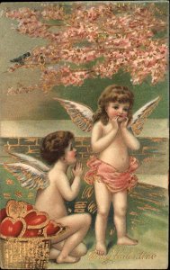 Art Nouveau Valentine Fantasy Little Girl and Boy Cupids c1910 Vintage Postcard