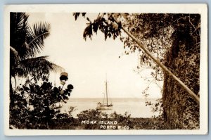 Puerto Rico Postcard Boat Sailing in Mona Island c1920's Antique RPPC Photo