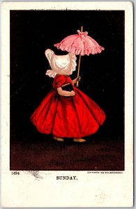 1910 Cute Little Girl Red Dress Pink Umbrella White Hat Sunday Posted Postcard