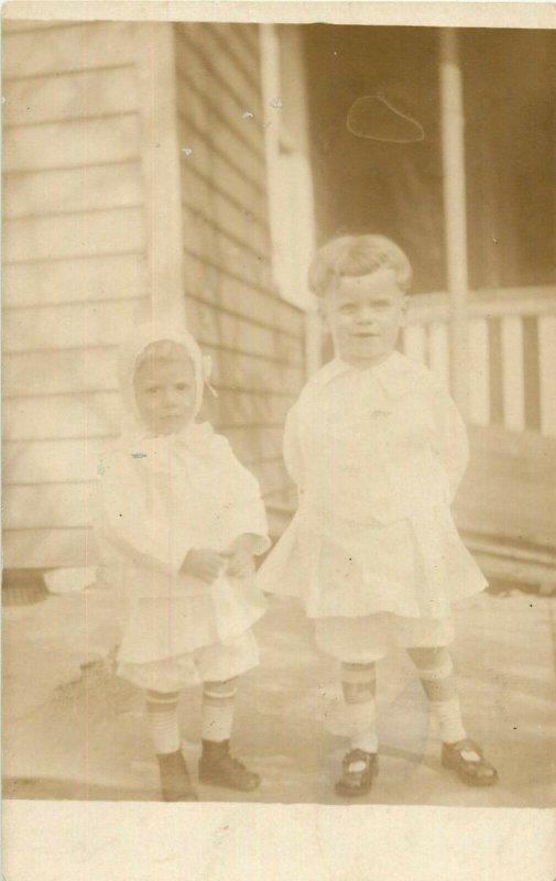 Vintage Postcard RPPC Children Standing On Porch