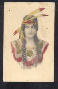 ARTIST SIGNED PRETTY INDIAN GIRL HEAD FEATHERS NATIVE AMERICAN VINTAGE POSTCARD