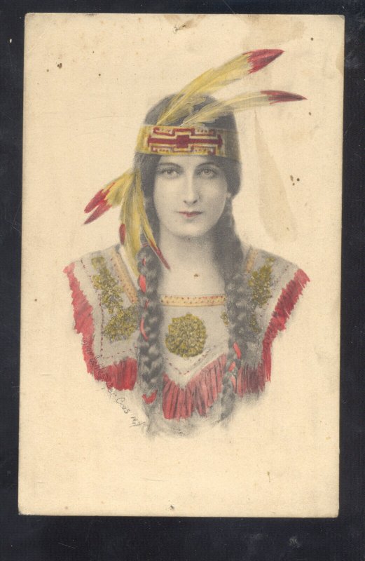 ARTIST SIGNED PRETTY INDIAN GIRL HEAD FEATHERS NATIVE AMERICAN VINTAGE POSTCARD