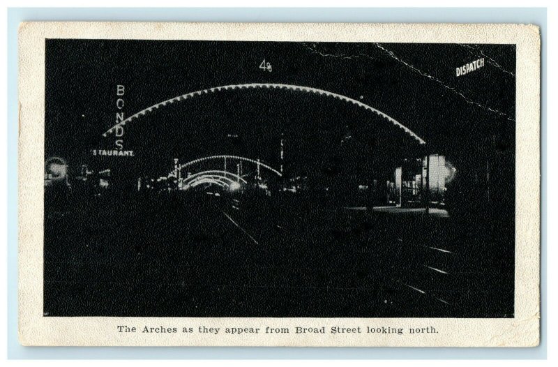 1909 Arches Broad Street Looking North Bonds Restaurant Columbos Ohio Postcard 